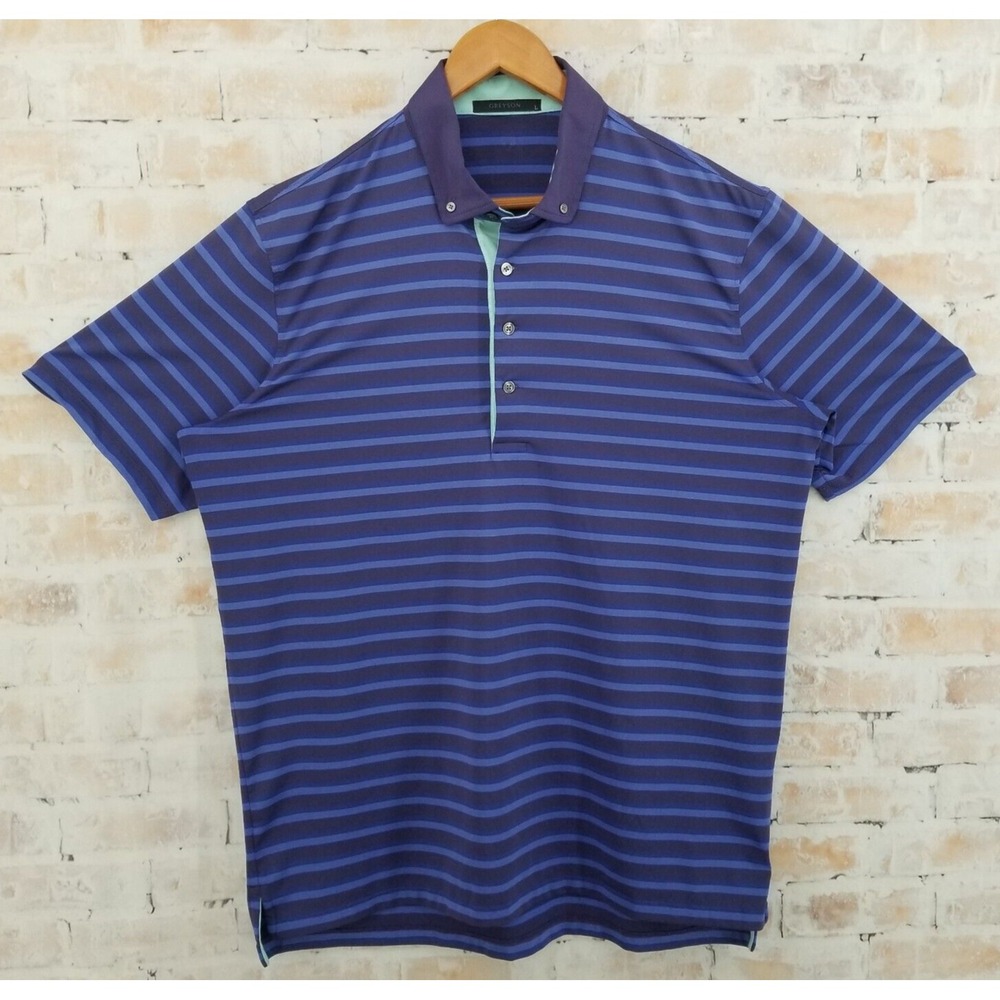 Greyson Men's Striped Short Sleeve Golf Polo Large Purple Dark Blue Performance